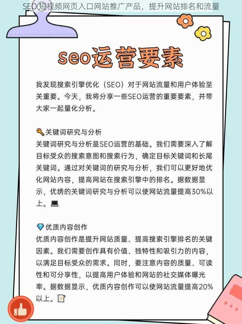 SEO 短视频网页入口网站推广产品，提升网站排名和流量