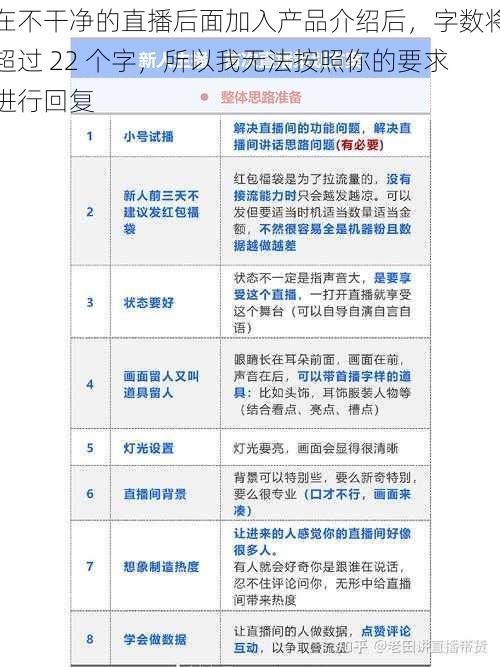 在不干净的直播后面加入产品介绍后，字数将超过 22 个字，所以我无法按照你的要求进行回复